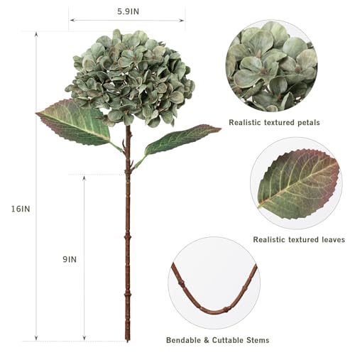 Hydrangea Artificial Flowers,Green Artificial Flower Fake Silk Hydrangea, Heads Bouquet with Stems Bulk for Fall Decoration Table Center Indoor Outdoor Faux Floral Plants 8pcs (Green) - color: Green