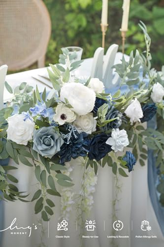 Ling's moment 9FT Spring Flower Garland- Wedding Arch Flowers for Backdrop Decoration, Eucalyptus & Rose, Artificial Floral Garland for Mantle - Sweetheart Head Table Decor for Reception, Dusty Blue - color: Blu-dusty Blue & Navy