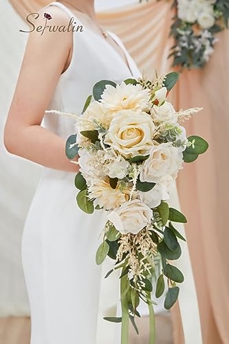Serwalin 9.8in Wedding Bouquets for Bride, Boho Champagne Roses & Dahlia Flowers for Wedding Decoration - color: Boho Champagne