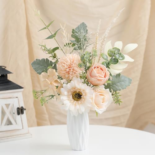 Small 11.8" Artificial Flowers in Ceramic Vase - Champagne Silk Flower Centerpiece for Dining Table, Office, Wedding & Farmhouse, Home Decor Gifts - color: Champagne