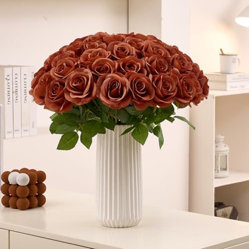 55 Pcs Burnt Orange Roses Artificial Flowers Bulk, Artificial Roses Fake Flowers with Adjustable Stems, Soft Foam Roses for DIY Wedding Bouquets, Bridal Shower Centerpieces, Home Party Decor - color: Burntorange