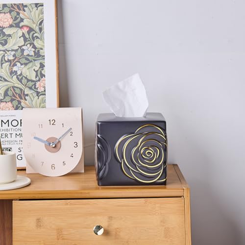 Black Ceramic Cube Tissue Box Cover with Gold Rose – Large Elegant Rose Floral Square Decorative Tissue Box Holder for Bathroom, Bedroom, Office Desk, Kitchen Counter – Perfect Housewarming Gift - color: Black&gold