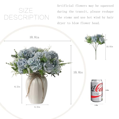 Peonies Artificial Flowers in Vase, Fake Hydrangea Silk Peony Flower Bouquet with Vase Faux Flowers Arrangement Decor Home Table Dining Room (Blue) - color: Blue
