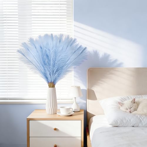 50pcs Sky Blue Pampas Grass 21.6 Inch Non-Shedding Faux Pampas Grass Decor, Fluffy Artificial Pampas for Boho Home, Wedding Centerpieces and Neutral Vase Arrangements - color: Sky Blue