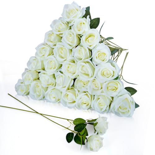 30pcs Fake Roses Artificial Silk Flowers Long Stems Bouquet for Wedding Bridal Shower Party Home Decoration (White) - color: White
