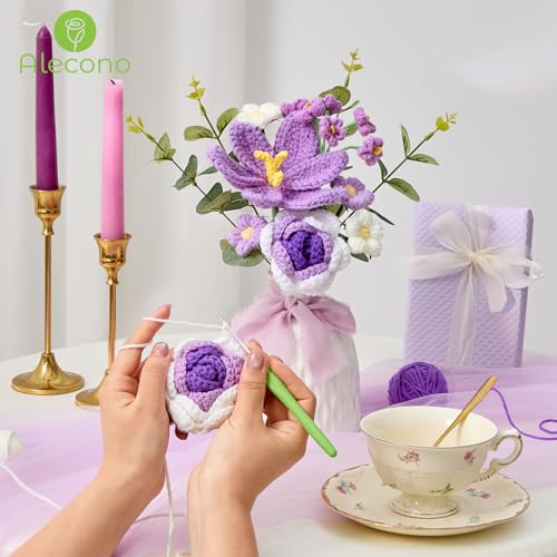 Alecono Crochet Flower Bouquet, Knitted Flowers, Purple Handmade Bouquet of Flowers for Lover Anniversary Birthday Party Mother's Day Graduation Gifts (Include Card) - color: Purple