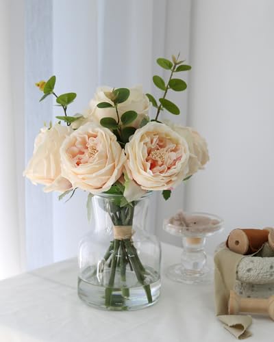 CHASMILE Lifelike Artificial Champagne Roses in Vase - Eternal Table Centerpiece for Dining Room & Kitchen Decor - Faux Flower Arrangement with Realistic Petals - color: Champagne Simulated Rose With Vase