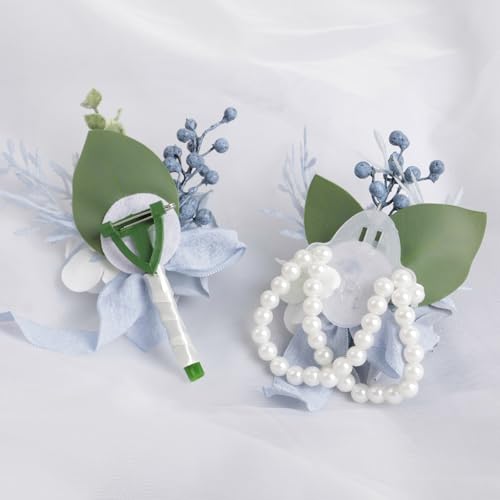 Alizeal 2Pcs of Wrist Corsage and Boutonniere Set, Artificial Flowers Accessories Suit Decor for Wedding Prom Party Homecoming Ceremony, Haze Blue - color: 701-haze Blue