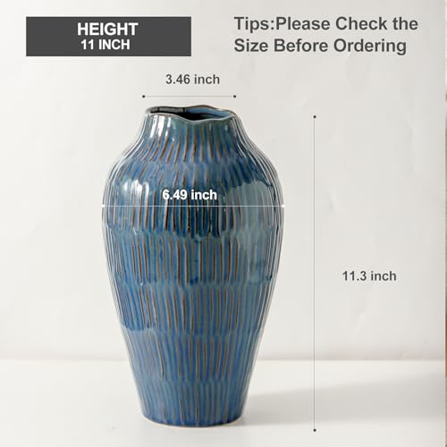 Blue Ceramic Vase for Home Decor,11.6 Inch Flower Vase，Decorative Vases for Pampas Grass，Modern Art Texture Vases for Home Entryway Living Room Dining Table Farmhouse Office Decor-Blue - color: Blue-11.6inch