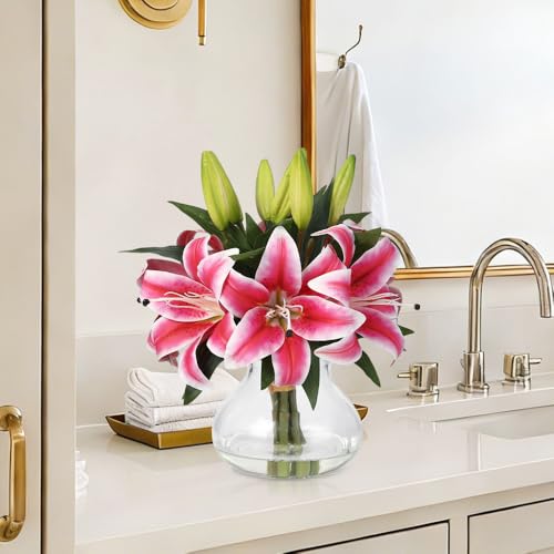 Artificial Tiger Lilies, 6 Stems Real Touch Silk Flowers with Glass Vase, 13 Inch Lifelike Fake Flowers for Home Decor, Wedding, Office, Table Centerpiece, Pink - color: Tiger Lily ,Pink
