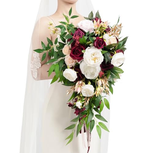 Ling's moment Burgundy Bridal Bouquet Cascading, Marsala Wedding Bouquets for Bride, 15 Inch Bride Bouquets for Wedding Artificial Flowers Bouquets - color: Burgundy, Blush, size: Medium 15 Inch