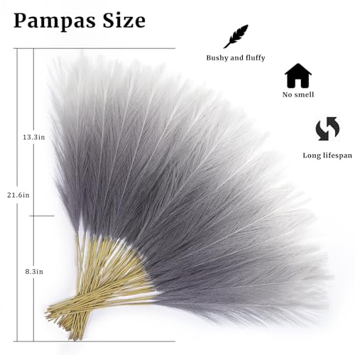 TORONTOKYO Gradient Grey Pampas Grass Decor, 50Pcs 21.6 inch Artificial Faux Pompas Grass Small Fluffy Arrangement for Wedding Boho Home Decor Vase Filler - color: Grey Gradient, size: 21.6inch-50Pcs