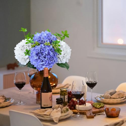ZYTUYO 3PCS Blue Hydrangea Artificial Flowers 20" Large Fake Latex Real Touch Hydrangeas Flowers with Stems Faux Silk Bouquet for Indoor Home Decor Table Wedding Party Floral Outdoor Centerpieces - color: Blue