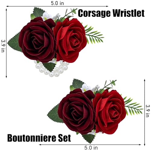 2Pcs Burgundy & Red Rose Wrist Corsage Wristlet Band and Men Boutonniere Set, for Wedding Bride Bridesmaids Groom Groomsmen Accessories Prom Party Artificial Flowers Decorations - color: Burgundy & Red