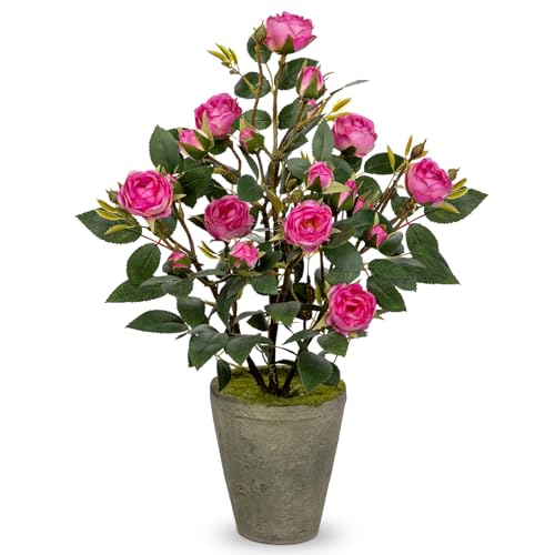 Hollyone Artificial Flower Plants Camellia Pink Roses Faux Potted Plant with Cement Pot Fake Silk Flower Rose Camellias Flower Arrangement Office Home Decor Bathroom Shelf Desk Decoration 15 Inch - color: Pink