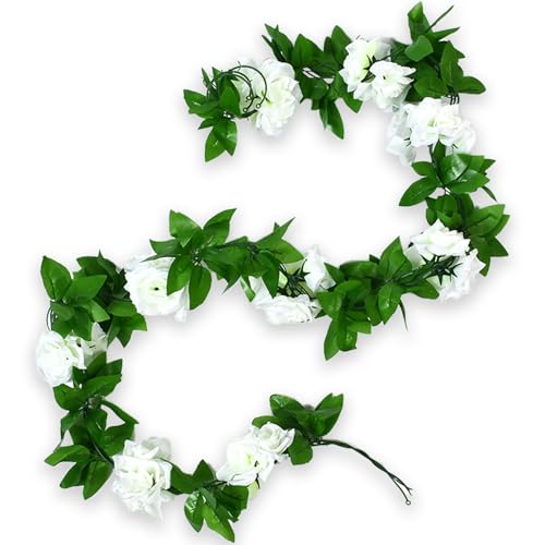 4Pcs Artificial Rose Vines Fake Flowers Garland with Green Leaves Faux Hanging Floral Plants for Home Bedroom Garden Decor,Christmas Anniversary Wedding Birthday Party Decoration (White) - color: White, size: 4Pcs-large rose