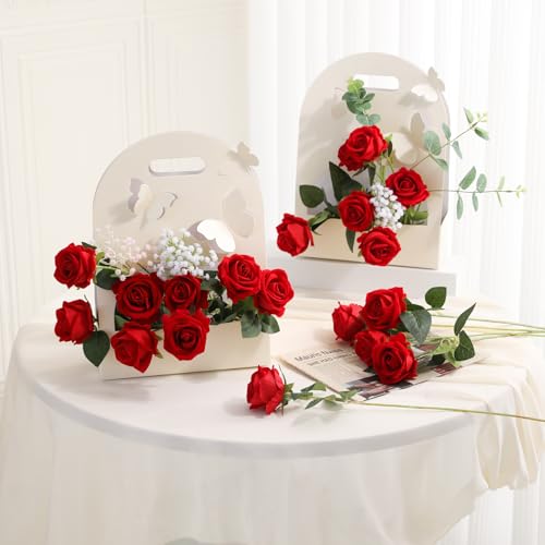 Hawesome 12PCS Artificial Flowers Fake Roses, Realistic Velvet Long Stem Red Roses Bouquet for Wedding Centerpiece Home Decor Party & Valentines (Red) - color: Red