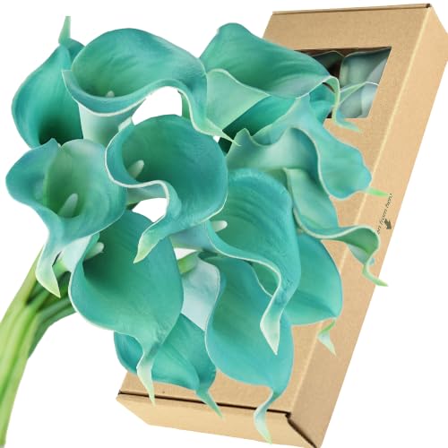 FiveSeasonStuff Cerulean Blue Real Touch Calla Lilies, 15 Artificial PU Flower Stems with Bendable Green Stems, Faux Calla Lily Bouquet for Vase Arrangements - color: Cerulean Blue