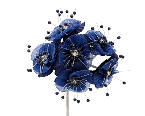 72PC Artificial Organza Flower Rhinestone Pick for Home Craft Decor DIY Wedding Bridal Veil Headband Dress Cake Topper Embellishment Scrapbook Favor Corsage Floral Bouquet Arrangement (Navy Blue) - color: Navy Blue