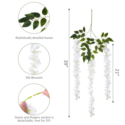 LFF 36 Branches White Wisteria Hanging Flowers, 3.25FT Fake Silk Wisteria Artificial Flowers, Faux Wisteria Garland for Wedding Arch, Party Backdrop, Home & Party Decoration (39 Inches Long) - size: Short/12Pack