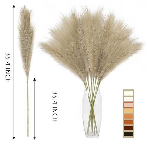 TORONTOKYO Pampas Grass Tall, 8PCS 35.4 Brown Pampas Grass Decor, Large Artificial Pampas Grass for Floor Vase Filler, Wedding, Baby Shower, Home Decor - color: Beige Brown, size: 35.4inch-8Pcs