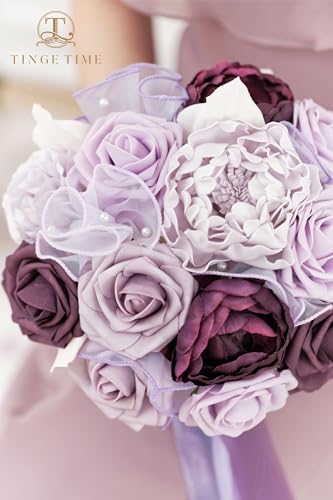 TINGE TIME 7 Inch Artificial Flowers Wedding Bouquets for Bridesmaid, Set of 4, Lavender Bride Tossing Bouquet for Wedding Ceremony Festivals Bridal Shower Rehearsal Dinner Vintage Party - color: Lavender & Plum