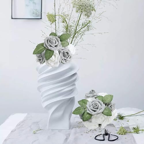 Higfra Artificial Flowers 50 Stems Realistic Roses - Lifelike Fake Flowers for Wedding Bouquets, Baby Shower Decor, Home Centerpieces, DIY Floral Arrangements (himmer Silver Grey, 50Pcs) - color: Himmer Silver Grey, size: 50Pcs