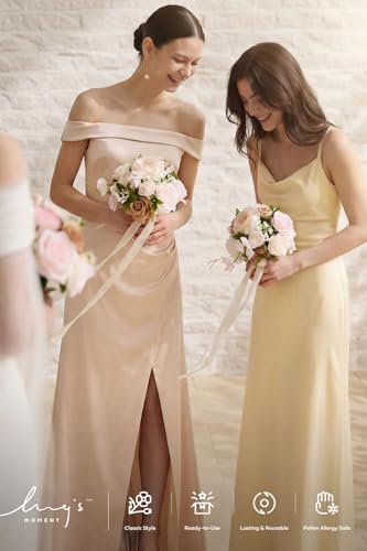 Ling's moment Artificial Bridesmaid Bouquets Set of 4,Pink Wedding Flower Bouquets Blush Floral Bouquet Bridal Bouquets with Ribbon,Ceremony,Anniversary,7-inch Diameter - color: Pk-sand Beige