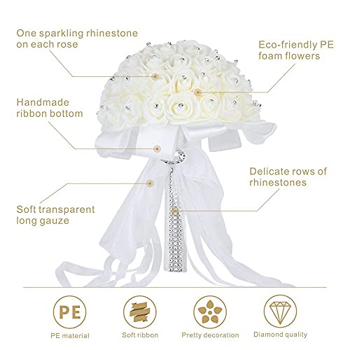 Wedding Bridal Bouquet, Handmade Crystal Ribbon Rhinestone Wedding Bridesmaid Bouquet, Bridal Artificial Rose Flowers for Ceremony Church Decoration (White-Crystal) - color: White-crystal