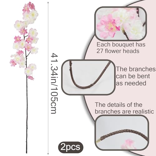2 Pcs Artificial Cherry Blossom Flowers Branches Pink Faux Cherry Blossom Long Stem 41" Silk Cherry Blossom Tree Tall Fake Flower Arrangement for Home Wedding Centerpieces Spring Indoor Decor - color: Pink