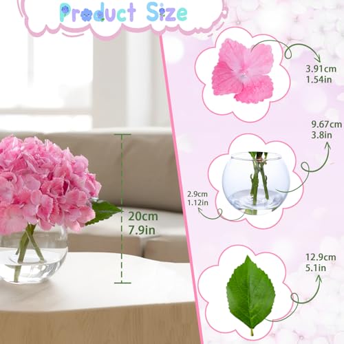 Deep Pink Artificial Hydrangea Flowers in Glass Vase with Faux Water, 3 Stems Lifelike Fake Floral Arrangement, UV-Resistant Odorless Centerpieces for Dining Table Home Office Decor (7.9") - color: Deep Pink Hydrangea