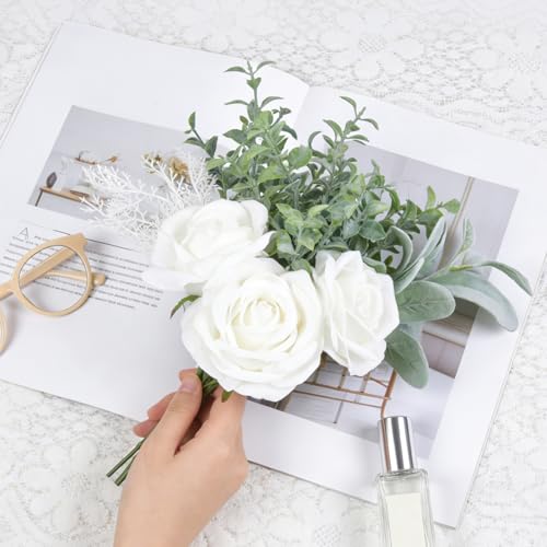 Mkono Fake Flowers in Vase, Artificial Flowers Centerpieces Coffee Table Decor Faux Flowers Arrangement for Home Decor Indoor Floral Bouquet for Bathroom Dining Kitchen