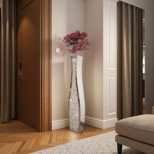 36" Extra Tall Double Sided Crushed Diamond Vases, Mirrored Silver Vase,Floor Vases Decorative Tall, Large Decorative Vase for Home,Office,Hotel Decor(7.72" L x4.33 W x 36" H)