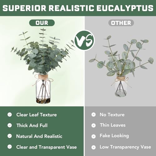 15.74” Artificial Eucalyptus Stems in Glass Vase with Faux Water & Natural Stones, Lifelike Fake Greenery for Modern Farmhouse Home Decor, Bathroom Decor, Office Desk Centerpiece - color: Sl-0973