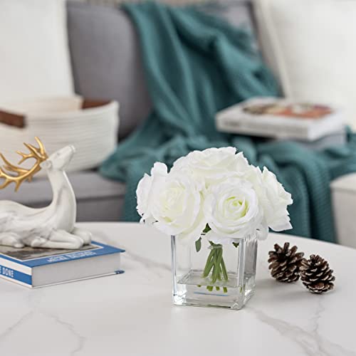 7 Large Stem Rose Artificial Flowers in Vase, Silk Floral Arrangement in Vase with Fake Water for Home Decor, Wedding Table (Cream) - color: White