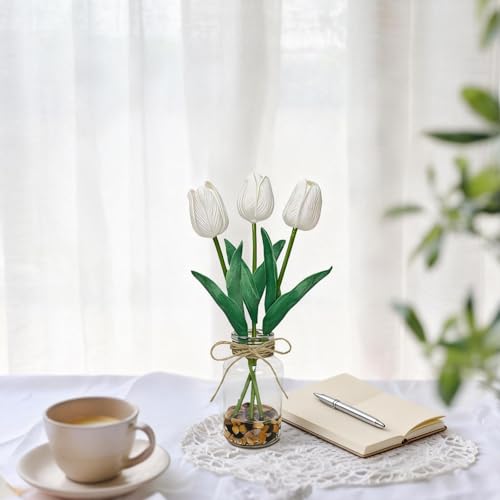 2 Packs Faux Flowers Artificial Tulips in Glass Vase with Faux Water Stone, Poly Foam White Fake Tulips Real Touch Flowers Arrangement for Home Kitchen Wedding Centerpiece Decoration - color: White