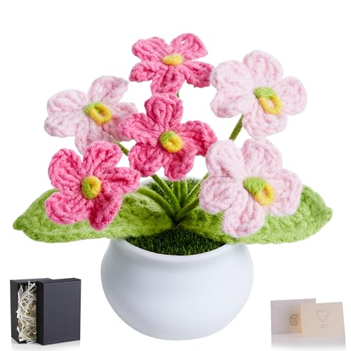 Crochet Flowers Handmade Knitted Potted Flower, Crochet Gifts for Coworkers Teacher Appreciation Cute Home Dorm Room Office Plants Accessories Pink Flower Desk Decor for Women Daughter - color: Gradient Pink