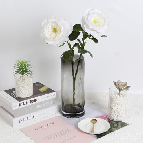 2Pcs 5.12" Silk Roses Big Bloom Fake White Rose with Stems 25.60" Long Real Touch Faux Rose Peonies Artificial Flowers for Arrangement Wedding Home Kitchen Spring Table Centerpiece (White) - color: White