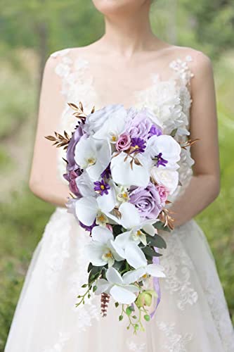 Bridal Bouquets for Bride, 11 Inch Artificial Flowers Bridal Bouquet Cascading Wedding Bouquets for Bride for Wedding Ceremony and Anniversary(White Purple) - color: White Purple