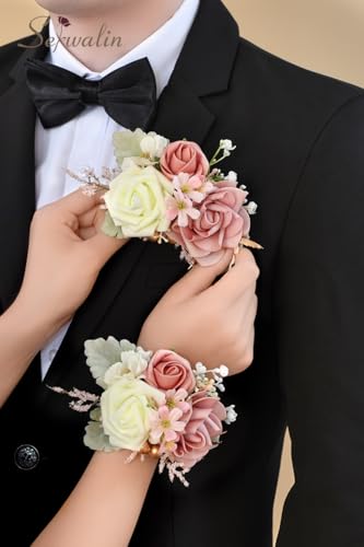 Serwalin 2 Pcs Wrist Corsage and Boutonniere Set, 6-7 Inch Dusty Pink Corsage for Wedding, Boutonniere for Men Corsage Wristlet Prom Ceremony Anniversary Accessories Suit - color: Pink, size: 1 Boutonniere & 1 Wrist Corsage-2pcs