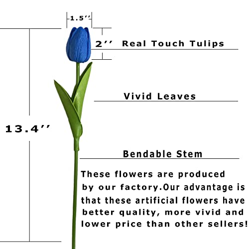 UKELER 24 Pcs Artificial Tulip Flowers Blue Fake Tulips with Stems Real Touch PU Tulips for Wreath Wedding Bouquets Table Centerpiece Floral Arrangement Home Décor 13.5" Tall - color: Dark Blue