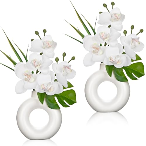 Briful Fake Orchid Flowers with Ceramic Vase 2PCS White Orchid Silk Flowers Arrangement Artificial Orchid Plants for Home Office Party Wedding Dining Room Table Centerpiece Decor - color: White#1