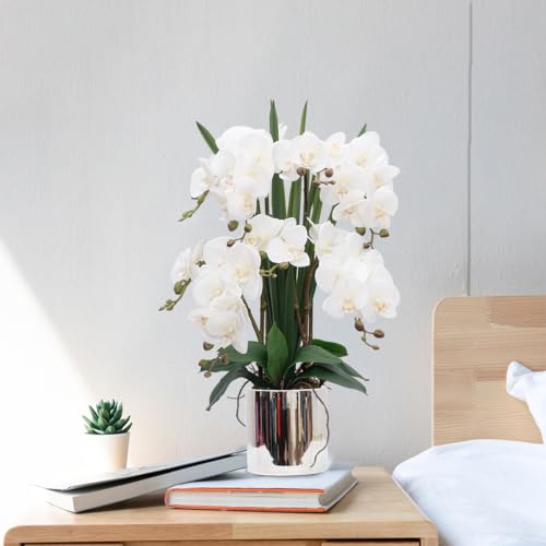 CXGS Artificial Orchid Flower Plants Real Touch Faux Orchids in Ceramic Vase 20.9'' White Phalaenopsis Orchid Fake Flower Arrangement Home Indoor Decor - color: White- Silver (12cm)