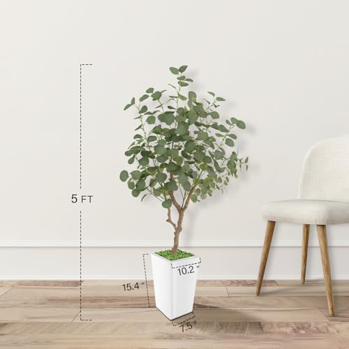 Artificial Eucalyptus Tree 5FT, Faux Eucalyptus Tree with Tall White Planter, Realistic Leaves & Natural Wood Trunk, Ideal for Home Decor and Housewarming Gift - size: 5ft