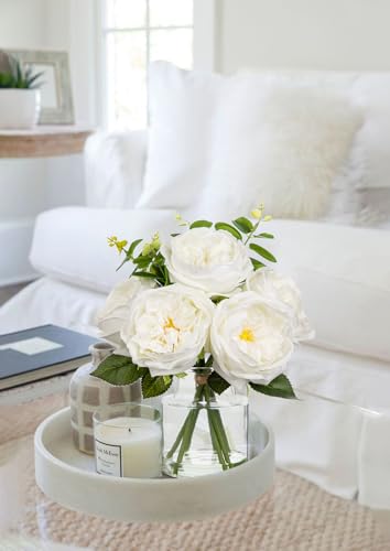 Hollyone Real Touch Peonies Artificial Flowers Arrangements in Vase White Fake Peonies with Glass Vase Silk David Austin Roses Faux Flowers with Clear Faux Water Bouquet Table Centerpiece Home Decor - color: White