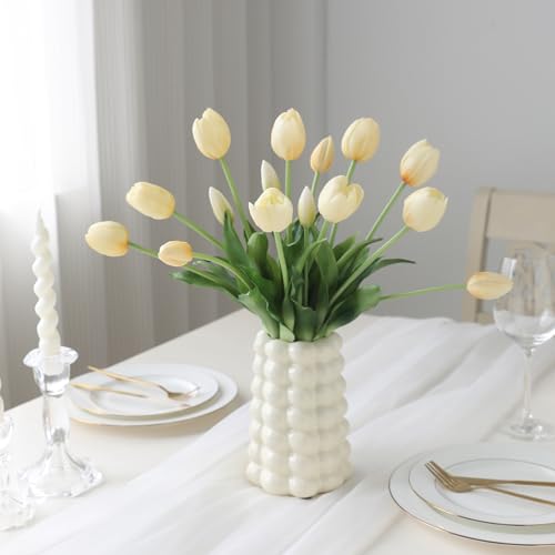 15 Pcs Off White Artificial Tulips Fake Flowers, Premium Latex Lifelike Texture, UV Resistant Waterproof Faux Tulip Bouquets with Snap-on Petals for Outdoor, Home, Wedding Decor - color: Cream