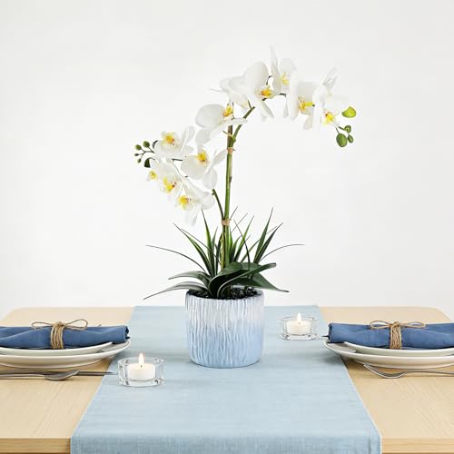 Orchid Artificial Flowers 20.6" White Fake Orchid Flowers in White Ceramic Pot Faun Orchid Plant for Home Decor Office Bathroom Table Centerpiece Indoor(White#1) - color: White-light Blue