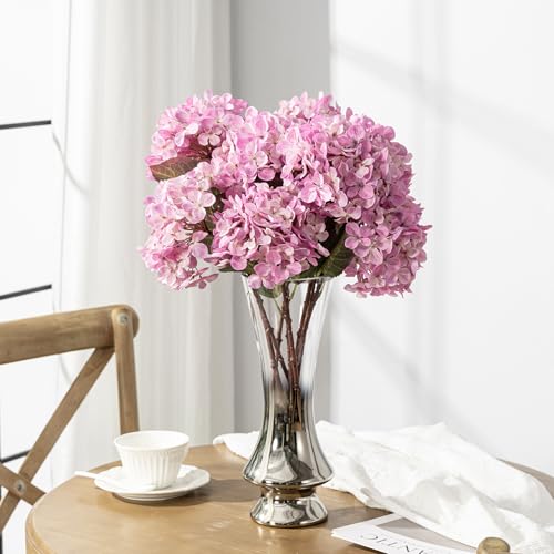 Artificial Flower Fake Silk Hydrangea Heads Bouquet with Stems Bulk for Fall Decoration Table Center Christmas Indoor Outdoor Faux Floral Realistic with Leaves Plants Crafts 8PCS(Pink) - color: Pink