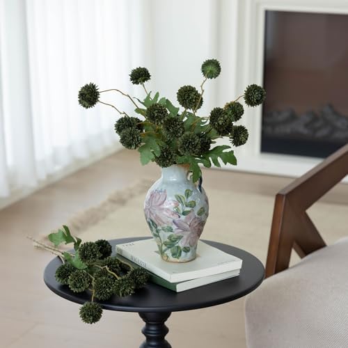 Mizii 6Pcs Green Fake Silk Pompon Mum Artificial Flowers Bulk Small Faux Chrysanthemums with Stems Realistic Floral Decorations for Wedding DIY Bouquet Centerpieces Shower Vase Home Decor (Dark Green) - color: Dark Green