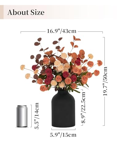 BLOSMON Flower Centerpiece Table Decorations: Metal Vase with 12 Stems of Fake Mums Kiku Flowers Eucalyptuses for Home Dining Room - Burnt Orange Artificial Pom Poms Floral Arrangement in Vase - color: Burnt Orange